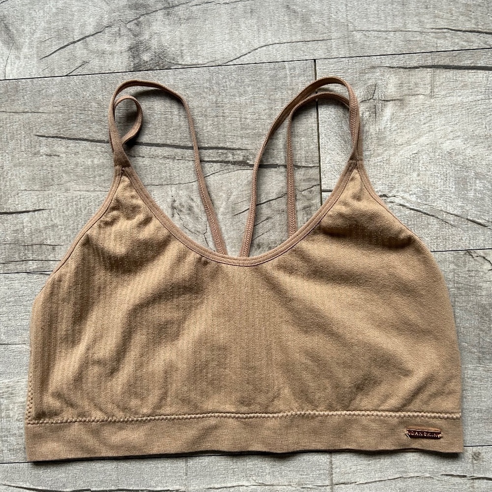 Danskin Longline Tan Gold Ribbed Cross Back Bralette Festival Retro Crop Top XL